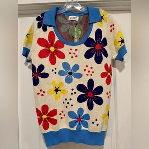 NWT OXKNIT Women's Retro Mod Floral Short Sleeve Knit Sweater Size XL